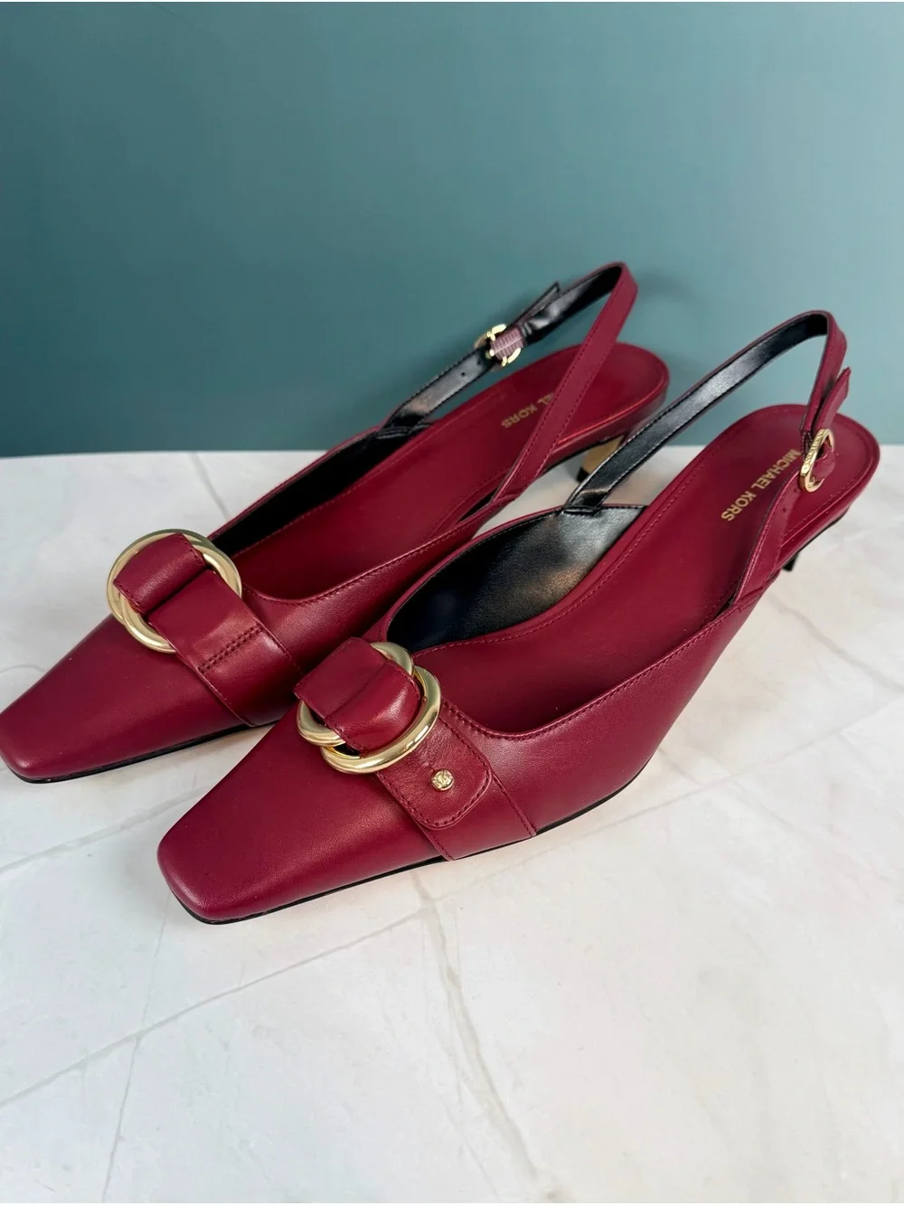 Michael Kors Jaden Leather Slingback Kitten Pump with gold accents size 8